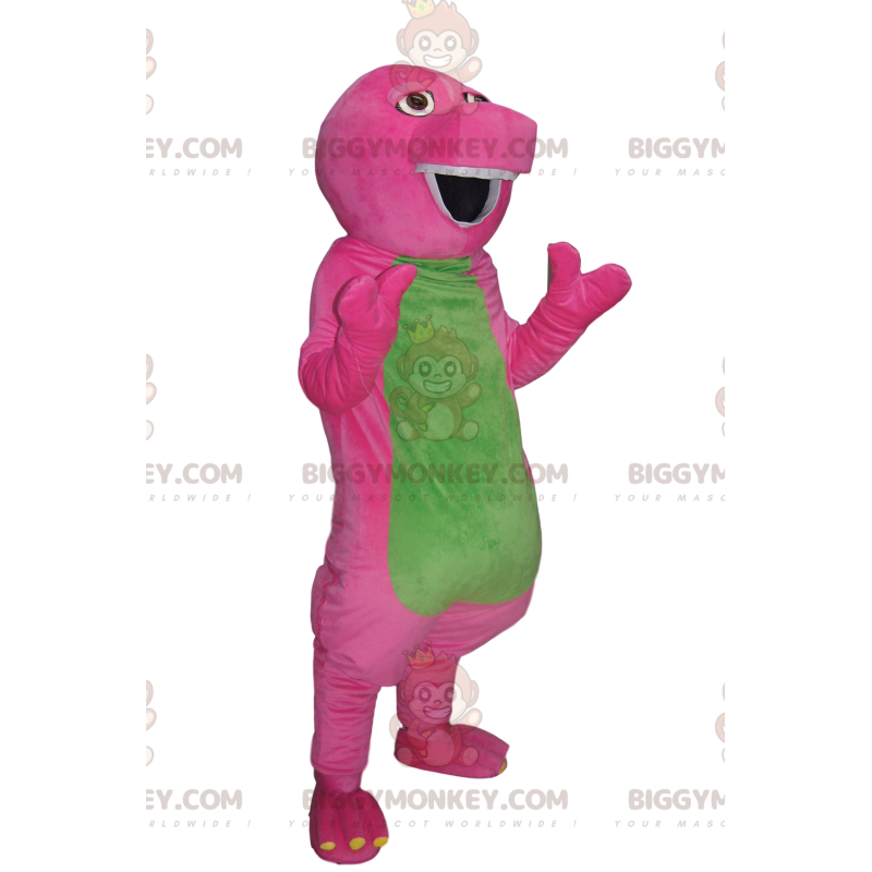 Fuchsia and green comic dinosaur BIGGYMONKEY™ mascot costume.