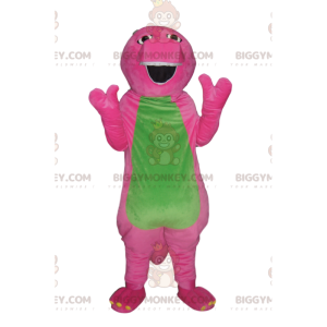 Fuchsia och grön komisk dinosaurie BIGGYMONKEY™ maskotdräkt.