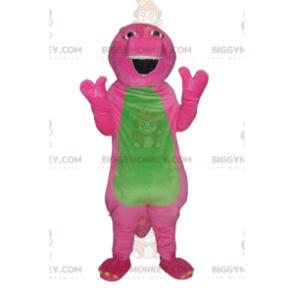 Fuchsia and green comic dinosaur BIGGYMONKEY™ mascot costume.