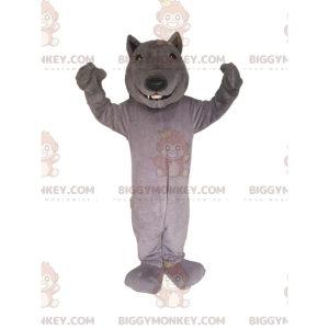 Traje de mascote BIGGYMONKEY™ de lobo cinzento sorridente.