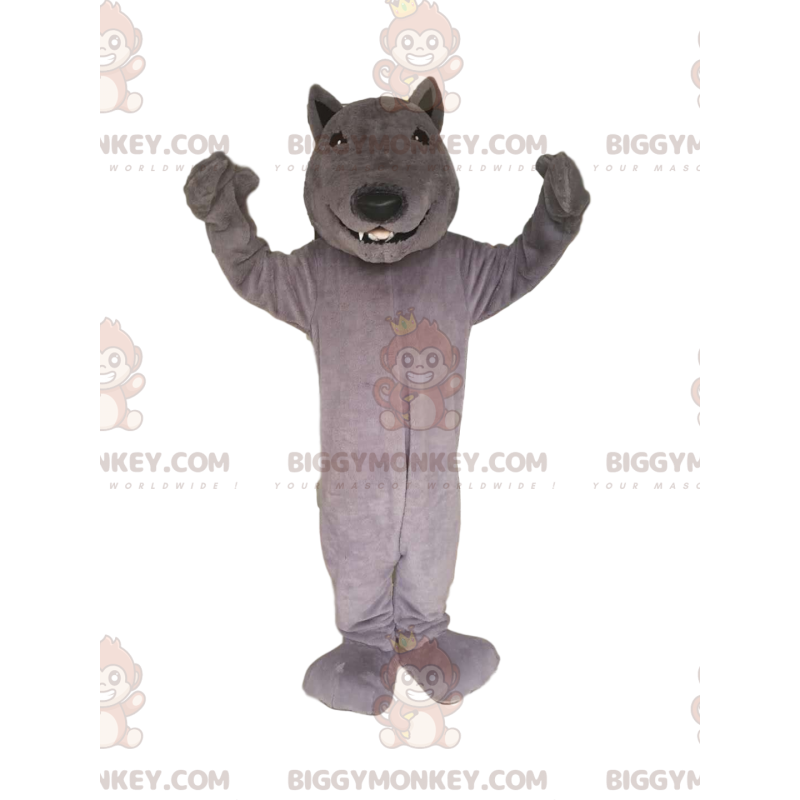 Costume de mascotte BIGGYMONKEY™ de loup gris souriant. Costume