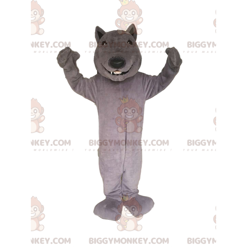 Traje de mascote BIGGYMONKEY™ de lobo cinzento sorridente.