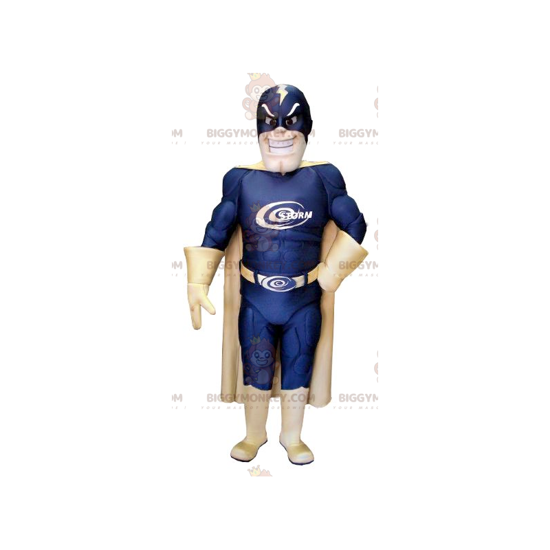 Superhjälte BIGGYMONKEY™ maskotdräkt med blå och guld kostym -