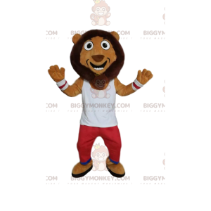 Komisk lejon BIGGYMONKEY™ maskotdräkt, med röda och vita