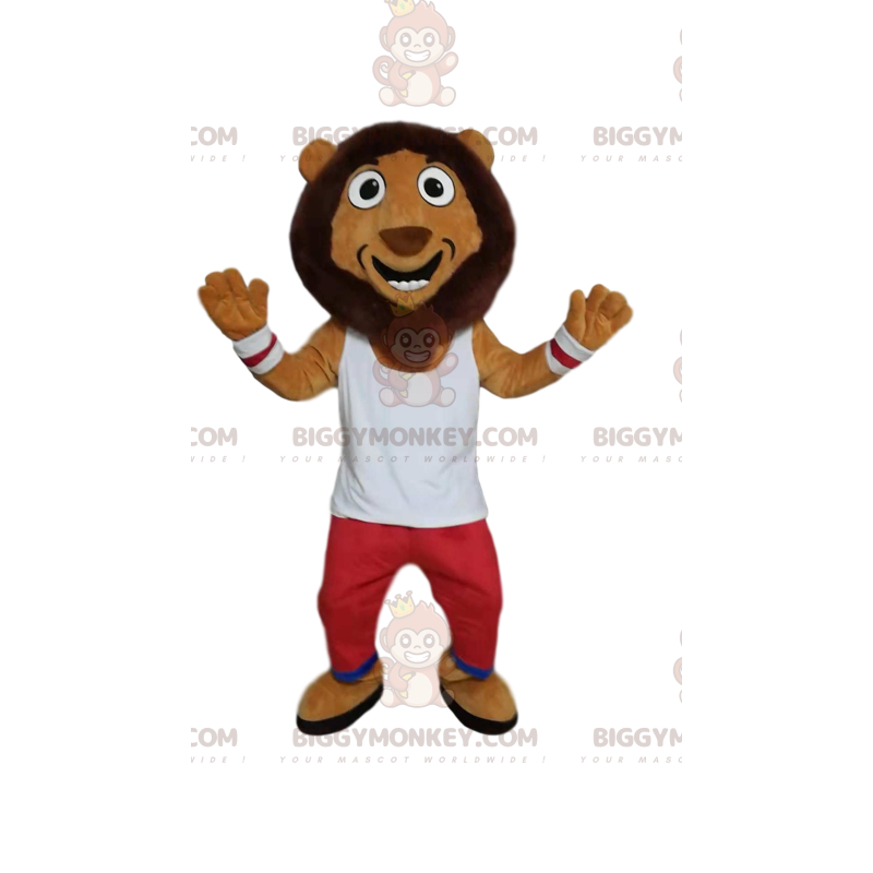 Comic lion BIGGYMONKEY™ mascot costume, with red and white