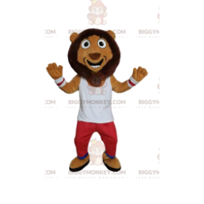 Kostým maskota komického lva BIGGYMONKEY™ s červeným a bílým