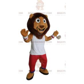 Comic lion BIGGYMONKEY™ mascot costume, with red and white