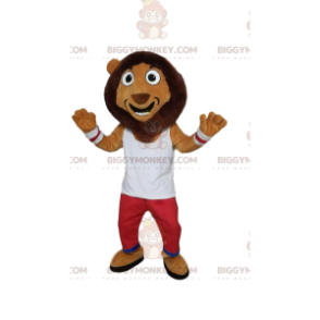 Comic lion BIGGYMONKEY™ mascot costume, with red and white