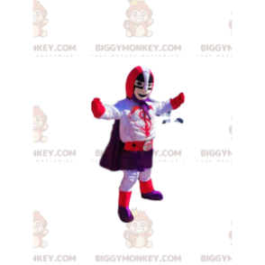 Traje de mascote de super-herói BIGGYMONKEY™ com roupa roxa e