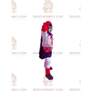 Traje de mascote de super-herói BIGGYMONKEY™ com roupa roxa e