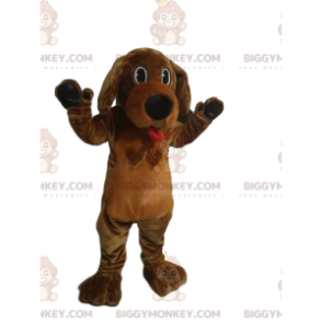 Kostým maskota s vyplazeným jazykem BIGGYMONKEY™ hnědého psa.