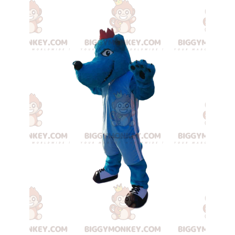 Στολή μασκότ Blue Wolf Dog BIGGYMONKEY™ με μπλε αθλητικά ρούχα.
