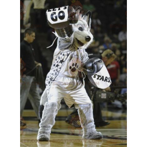 Kostým maskota BIGGYMONKEY™ Černobílý šedý vlk ve sportovním