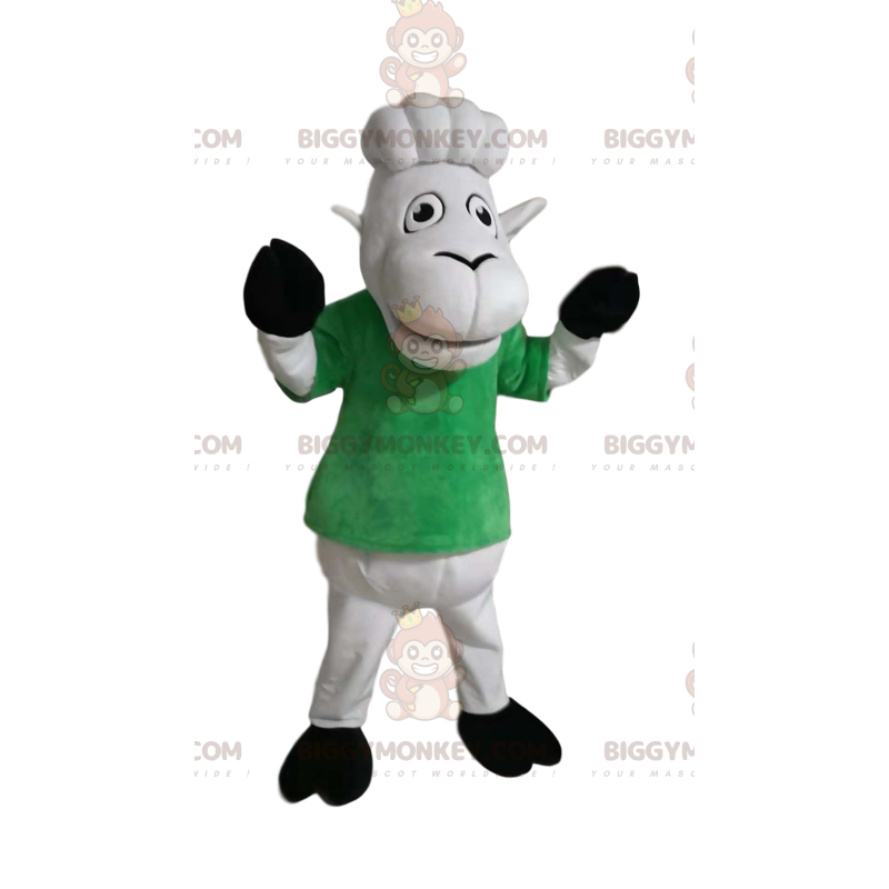 White sheep BIGGYMONKEY™ mascot costume with green t-shirt.