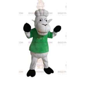 Kostium maskotki białej owcy BIGGYMONKEY™ z zielonym t-shirtem.