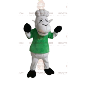 White sheep BIGGYMONKEY™ mascot costume with green t-shirt.