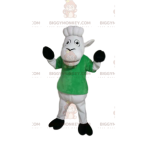 White sheep BIGGYMONKEY™ mascot costume with green t-shirt.