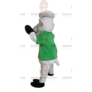 Kostým maskota bílé ovce BIGGYMONKEY™ se zeleným tričkem.