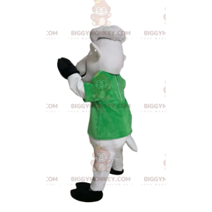 White sheep BIGGYMONKEY™ mascot costume with green t-shirt.