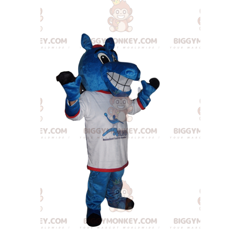 Costume de mascotte BIGGYMONKEY™ de cheval bleu joyeux avec un