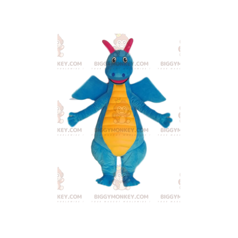 Costume da mascotte BIGGYMONKEY™ dinosauro blu e giallo molto