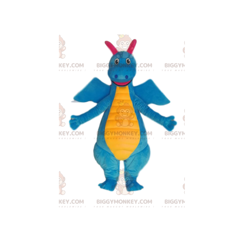 Fato de mascote BIGGYMONKEY™ de dinossauro azul e amarelo muito