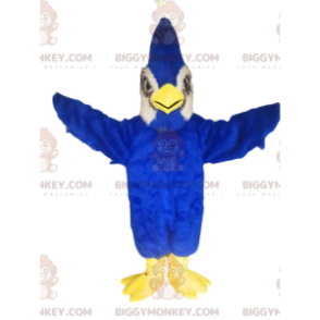 Fato de mascote majestoso pássaro azul BIGGYMONKEY™. fantasia