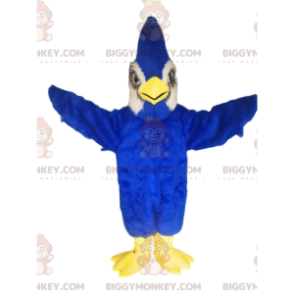 Majestueus BIGGYMONKEY™-mascottekostuum met blauwe vogel.