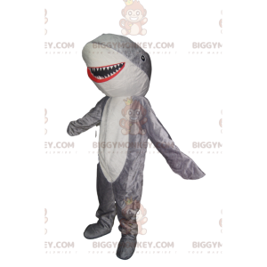 Traje de mascote BIGGYMONKEY™ de tubarão cinza e branco muito