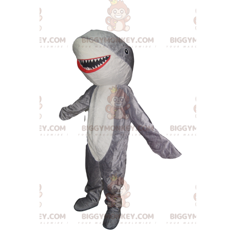 Costume da mascotte BIGGYMONKEY™ squalo grigio e bianco molto