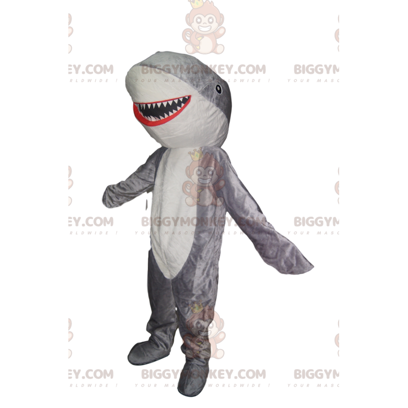 Velmi veselý kostým maskota šedého a bílého žraloka