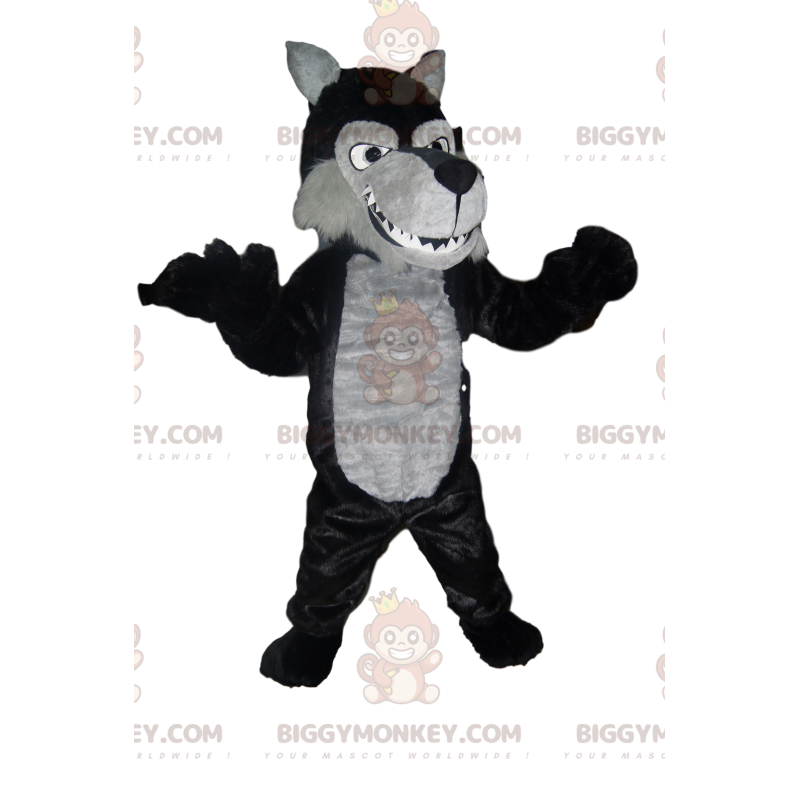 Traje de mascote BIGGYMONKEY™ de lobo preto e cinza. fantasia