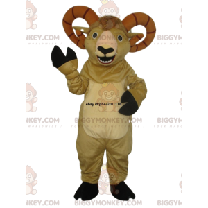 Fato de mascote BIGGYMONKEY™ de cabra bege com grandes chifres.