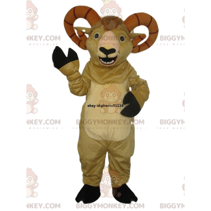 BIGGYMONKEY™ mascottekostuum van beige geit met grote hoorns.