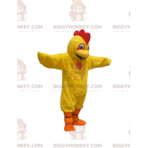 Costume de mascotte BIGGYMONKEY™ de poulet jaune super heureux.