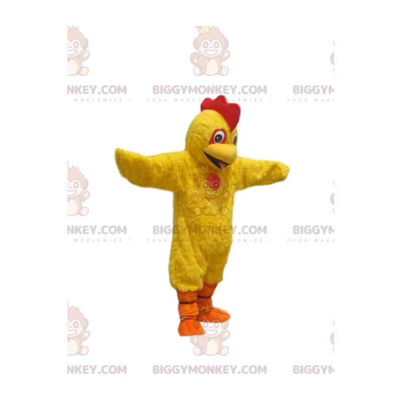 Costume de mascotte BIGGYMONKEY™ de poulet jaune super heureux.