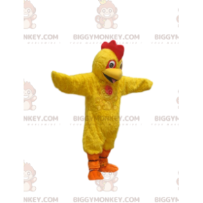 Costume de mascotte BIGGYMONKEY™ de poulet jaune super heureux.