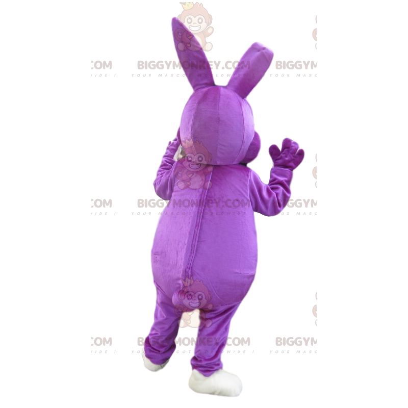 Costume da mascotte BIGGYMONKEY™ coniglio viola molto felice.
