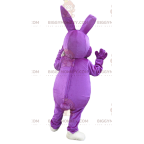 Disfraz de mascota BIGGYMONKEY™ de conejo morado muy feliz.
