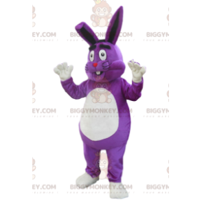 Disfraz de mascota BIGGYMONKEY™ de conejo morado muy feliz.