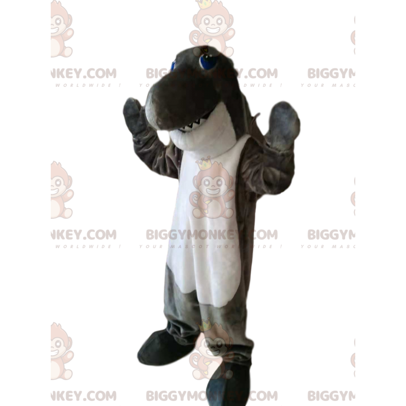 Disfraz de mascota BIGGYMONKEY™ de tiburón gris y blanco súper