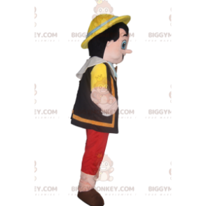 Kostium Pinokia maskotki BIGGYMONKEY™ z jego żółtym kapeluszem.