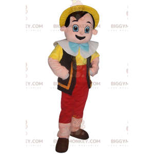 BIGGYMONKEY™ maskotdräkt av Pinocchio med sin gula hatt.