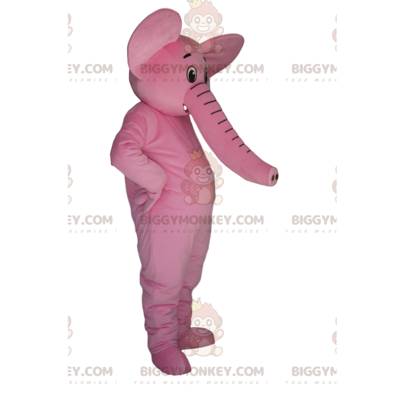 Costume de mascotte BIGGYMONKEY™ d'éléphant rose très heureux.