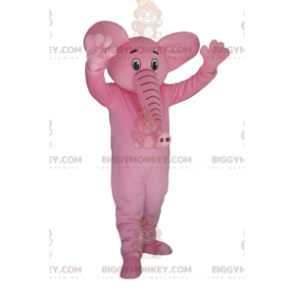 Costume de mascotte BIGGYMONKEY™ d'éléphant rose très heureux.