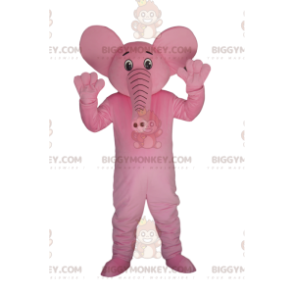 Costume de mascotte BIGGYMONKEY™ d'éléphant rose très heureux.