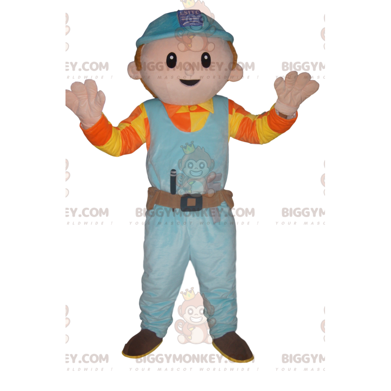 Handyman BIGGYMONKEY™ Mascot Costume with Blue Hard Hat –