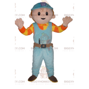 Handyman BIGGYMONKEY™ Mascot Costume with Blue Hard Hat -