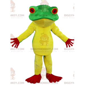 Costume de mascotte BIGGYMONKEY™ de grenouille verte, jaune et