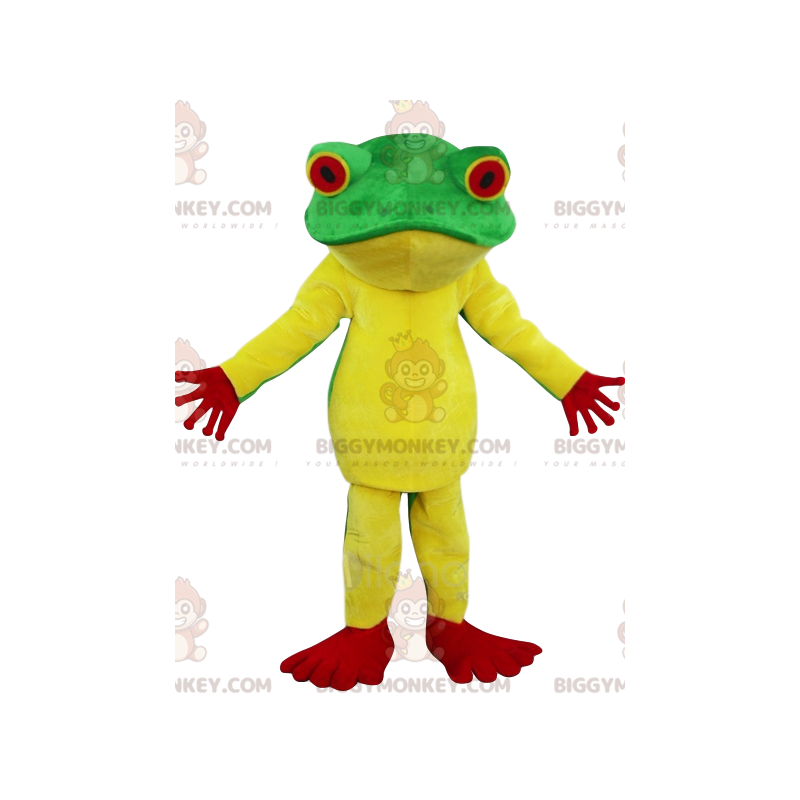 Costume de mascotte BIGGYMONKEY™ de grenouille verte, jaune et